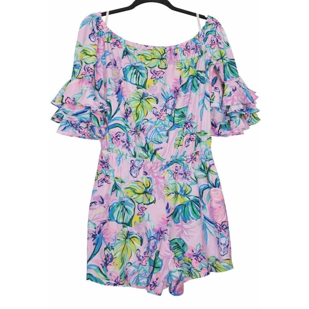 Lilly pulitzer womens medium off shoulder boat neck romper pink green